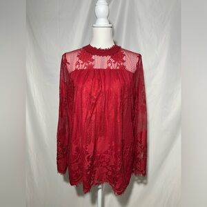 Ultra Pink Top Long Sleeve Red Lace Sheer Overlay Key Hole Back Women’s XL